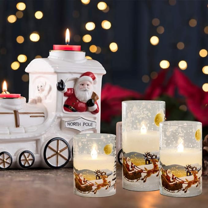 DRomance Santa Claus Glass Flameless Candles Battery Operated Remote and Timer Real Wax LED Flickering Pillar Candles White Cold Light Window Christmas Holiday Decor D3 x H4, 5", 6"