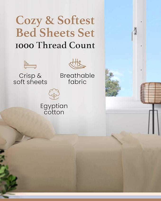 Good Sleep Bedding Twin XL Sheets - 100% Eyptian Cotton Twin XL Sheet Sets, 4Pc, 1000 TC, Twin XL Sheets College Dorm, Luxury Sateen Weave, Bed Sheets Twin XL, 16" Deep Pocket XL Twin Sheet Set, Taupe