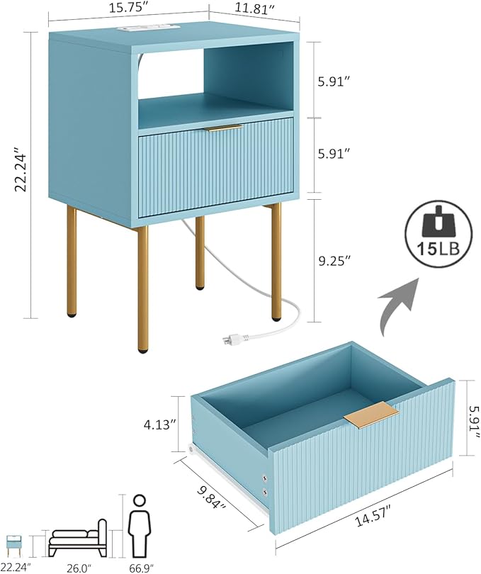 Masupu Nightstand with Charging Station,Mid-Century Modern Bedside Table with Storage Drawer and Open Wood Shelf,Small Gold Frame Side Table for Bedroom,Living Room (Blue)