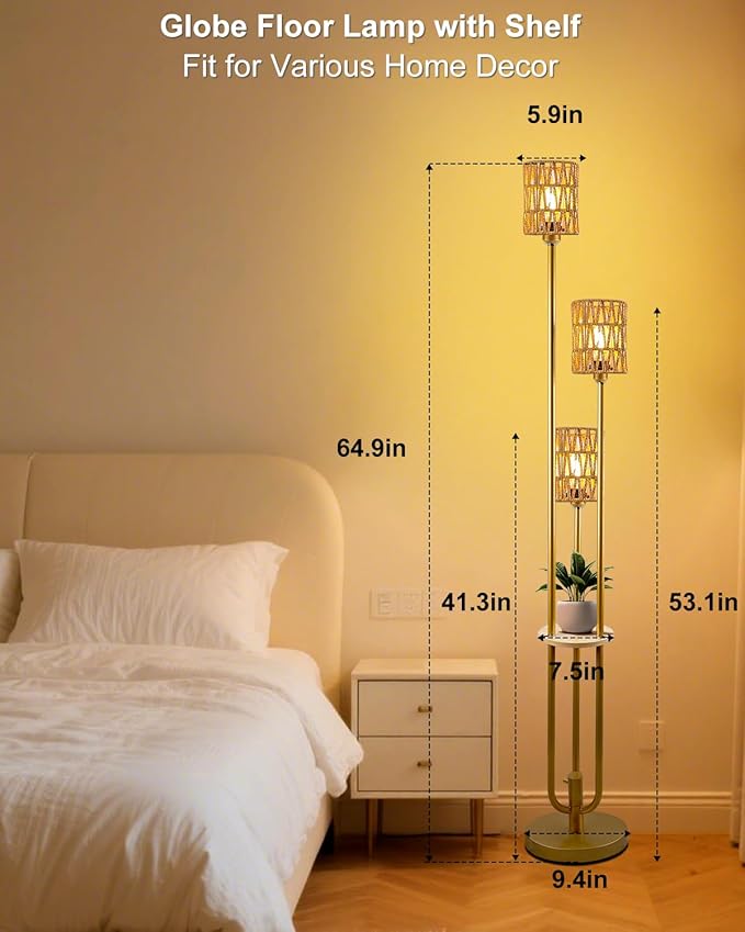63IN Dimmable Floor Lamp with Shelf, Gold Rattan Tall Standing Lamps Candle Holder Style, 3000K Warmwhite Mid Century Modern Floor Lamp for Living Room (Bulbs Included)