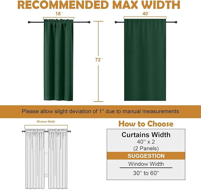 Aiyufeng Ever Green Blackout Curtains for Bedroom 72 Inch Length 2 Panels Set, Thermal Insulated Rod Pocket Door Window Curtains for Patio French Door Front Door, W40 x L72 Inch, Ever Green