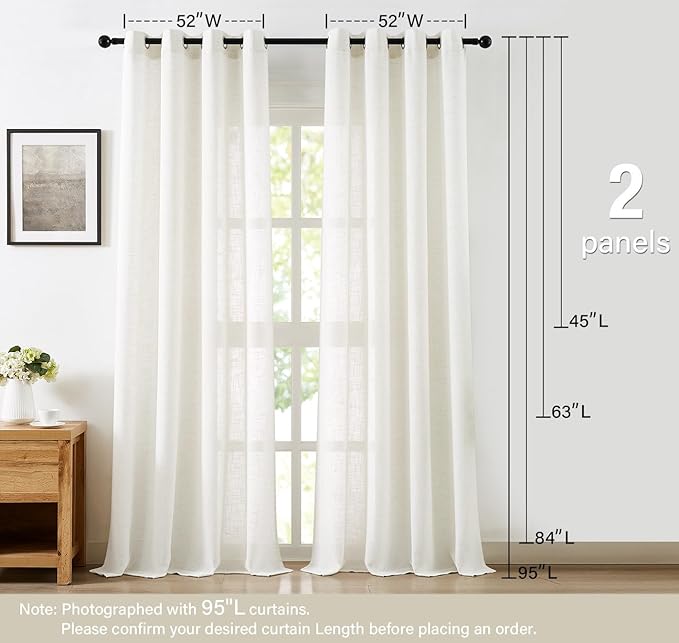 Flax Blend Linen Semi Sheer Curtains 52 x 45 White Light Filtering Privacy Curtains for Small Windows Grommet Top, 2 Panels
