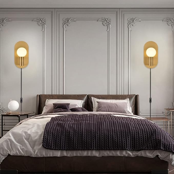 Gold Plug in Wall Sconce Set of 2, Modern Sconces Wall Lighting Cord with On Off Switch, Brushed Stainless Steel Wall Mount Light Fixture for Bedroom Living Room Bathroom