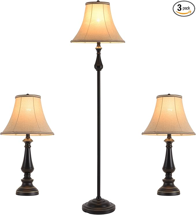 3-Piece Lamp Set (Table & Floor), Black Finish Vintage Brown Fabric Shades for Bedroom