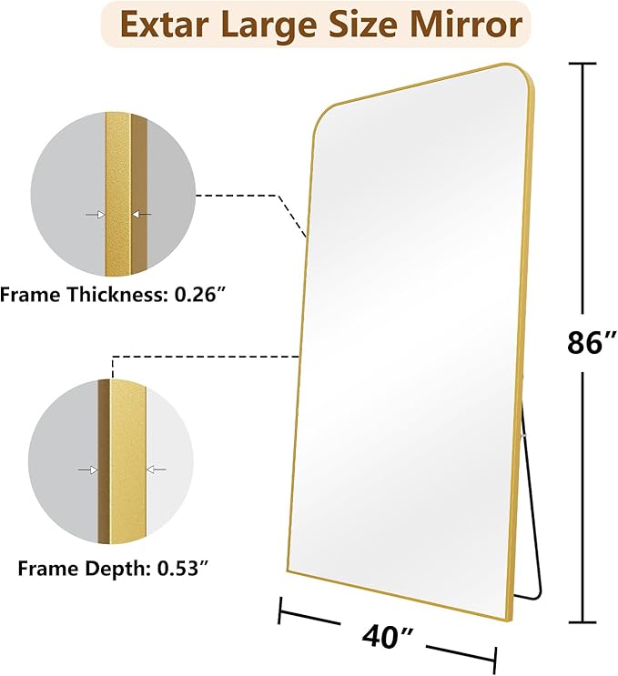 Koonmi Full Length Mirror, 86"x40" Mirror Full Length with Stand, Gold Domed Top Square-Edged Floor Mirror with Aluminum Alloy Frame for Bedroom Living Room