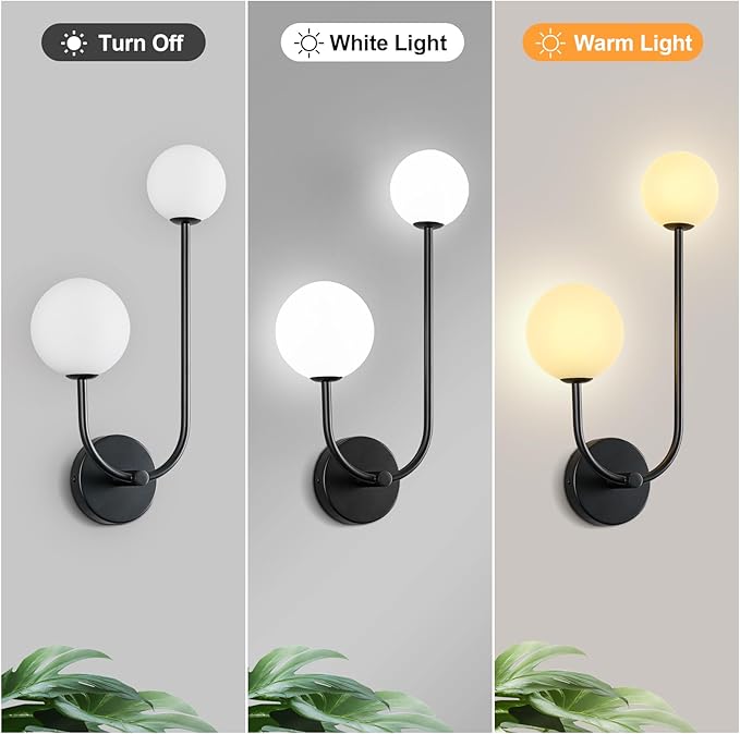 Milk Glass Wall Sconce Black Wall Sconces Mid Century Modern Sconces Wall Lighting 2 Light Globe Sconce for Bedroom Living Room Hallway Wall Light Fixtures