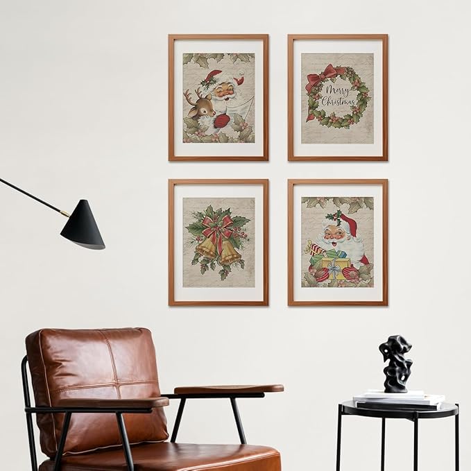 ETVISO Vintage Christmas Wall Art Prints Set of 4, Retro Christmas Garland Poster, Winter Holidays Gift Print Decor for Gallery, Living Room, Bathroom, 8x10 (Unframed)