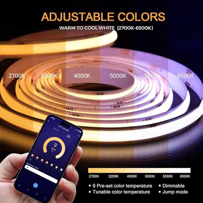 CCT COB LED Strip Light 9.84ft, Tunable White Warm White to Cool White LED Strip, 608LEDs/M DC24V Tape Light, CRI90+, Bluetooth App Control, Dimmable Strips for Bedroom, Office, DIY Lighting.