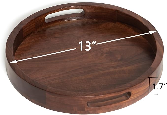 13 x 13 inches Round Ottoman Table Tray, Wooden Solid Black Walnut Circle Platter Decorative Serving Tray with Handle for Oversized Ottoman Home Breakfast in Bed Tea Coffee