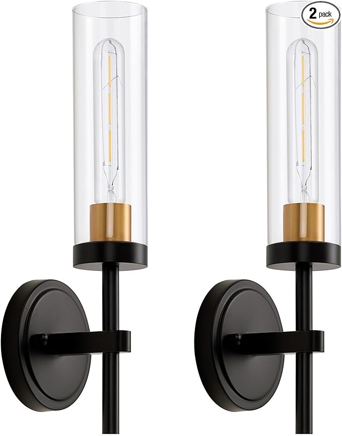 Black and Gold Hardwired Wall Sconces Set of 2, Modern Bathroom Vanity Sconces Wall Lighting with Clear Glass Shade, Farmhouse Wall Mount Lights for Mirror Bedroom Living Room Hallway Kitchen