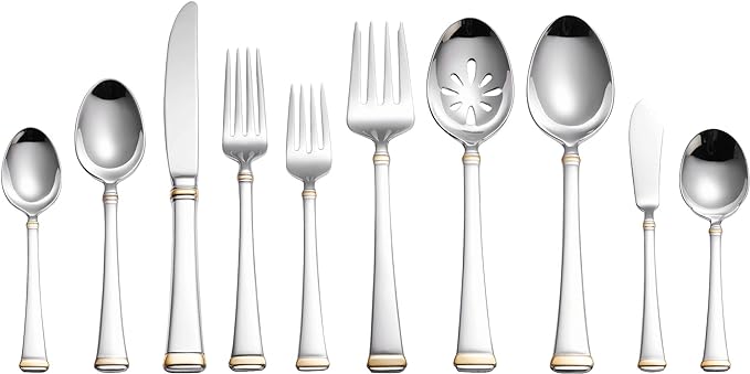 Mikasa Gold Accent Harmony Flatware Set for 12, 65 Piece 18/10 Stainless Steel Silverware with Gold-Trimmed Handles and Serving Utensils, Elegant Dinnerware Service