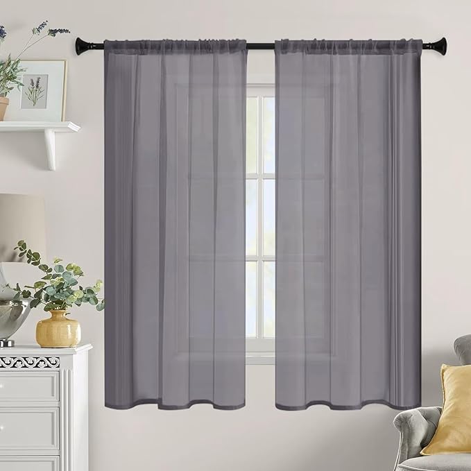 Sheer Curtains 72 Inches Long 2 Panels, Rod Pocket Short Curtain for Kitchen, Bedroom, Cafe Window(Grey 38" W x 72" L)