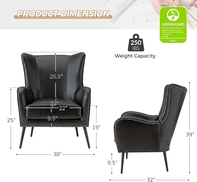 HULALA Home Faux Leather Accent Chair Set of 2 w/Removable Cushion, Comfy Upholstered Armchair with Metal Legs & Nailhead Trim Wingback Vanity Chair Desk Chair for Reading Living Room Bedroom, Black