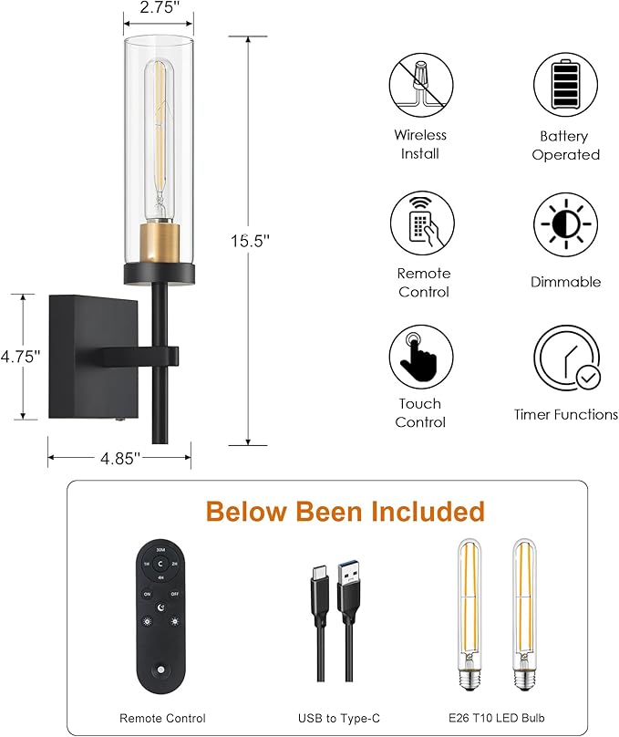 Wireless Wall Sconces with Remote Control, Battery Operated Wall Sconce Set of 2, Black & Gold Rechargeable Dimmable Wall Light for Bedroom Living Room Bathroom Hallway Entryway Stairwell, 3000K