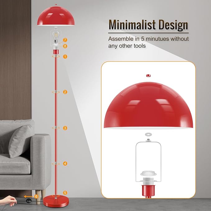 Floor Lamp Red, Industrial Tall Lamps for Living Room, 65.5" Standing Lamp, Metal Mushroom Lamp Shade, E26 Base, Footswitch, SGS Listed, Modern Pole Lamps for Nursery Bedroom, Mid Century Home Decor