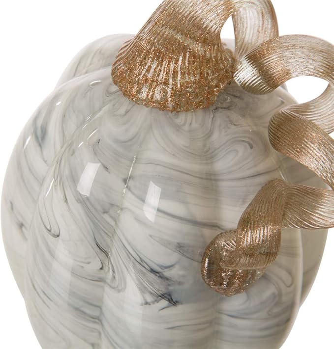 Glitzhome Hand Blown Glass Pumpkin Table Accent for Fall Harvest Thanksgiving Halloween Decorations Gray Marble 5.71" H