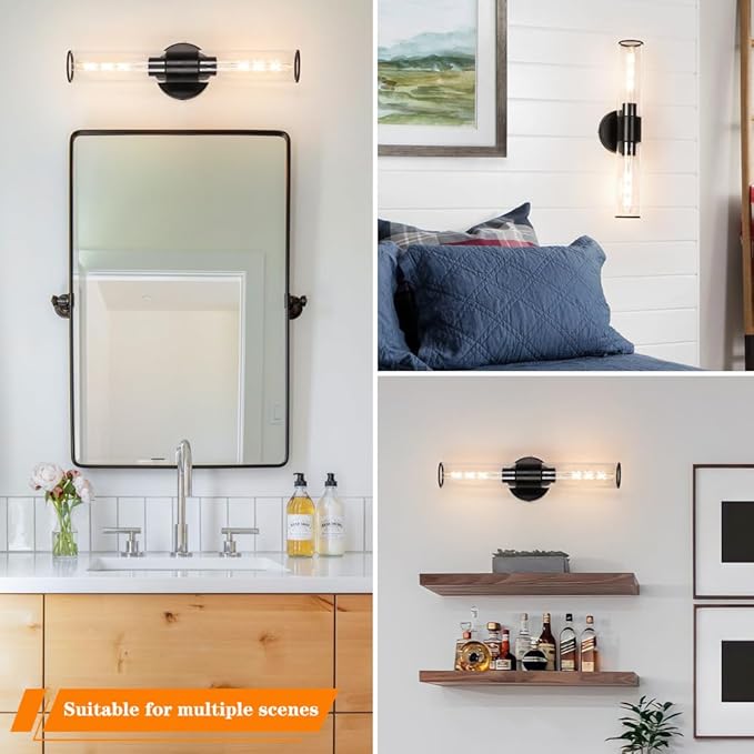 Matte Black Bathroom Sconces Wall Lighting, 2 Light Hardwired Bathroom Vanity Light, Modern Wall Sconce set of Two, Wall Mounted Light for Mirror, Makeup Vanity, Washroom, Hallway (Bulbs Not Included)