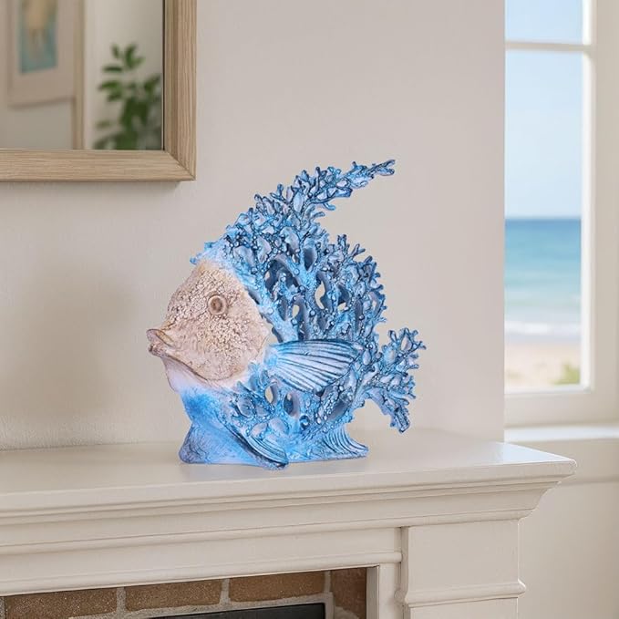 Beach Coastal Decor Turquoise Coral Reef Angelfish Figurines, Modern Nautical Decor Ocean Centerpieces for Living Room, Bathroom, Office, Coffee Table, Beach House, Seaside, Entrance, Shelf Decorative