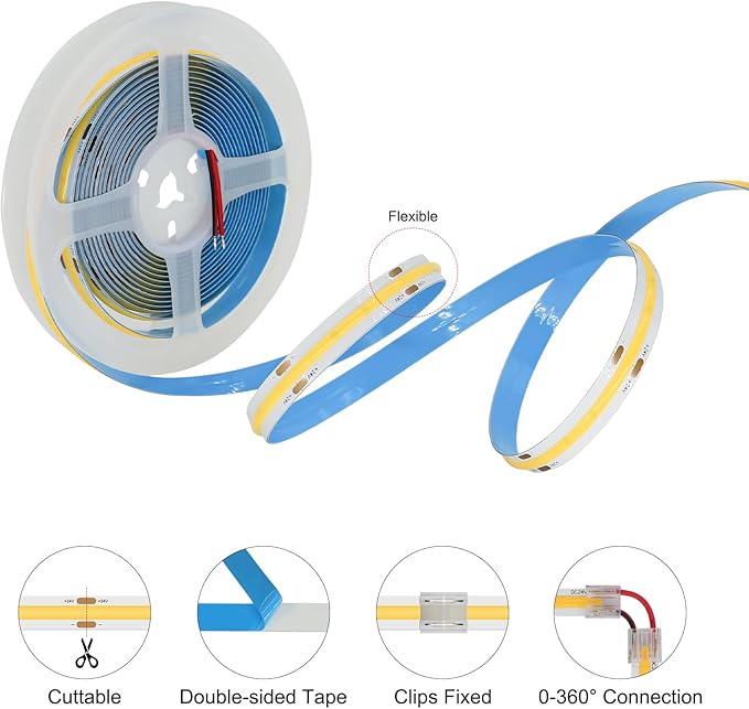 DC 12V COB LED Strip Light, 32.8ft(10M) 3120LEDs CRI 90+ Uniform Glow Flexible LED Tape Lights 4000K for Indoor DIY Bedroom Kitchen Home Decor(No Power Supply)