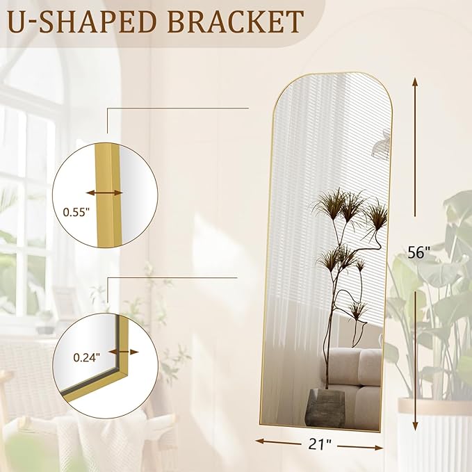 Koonmi Full Length Mirror, 56"x21" Mirror Full Length with Stand, Gold Domed Top Square-Edged Floor Mirror with Aluminum Alloy Frame for Bedroom Living Room