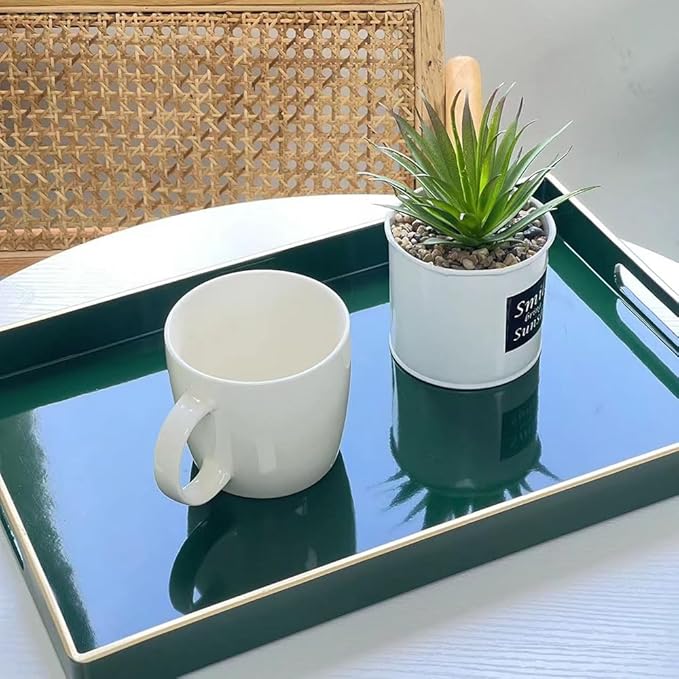Zosenley Decorative Tray, Rectangular Plastic Tray with Handles, Modern Vanity Tray and Serving Tray for Bathroom, Kitchen, Ottoman and Coffee Table, 15.6” x 10.2”, (Rectangular, Blackish Green)