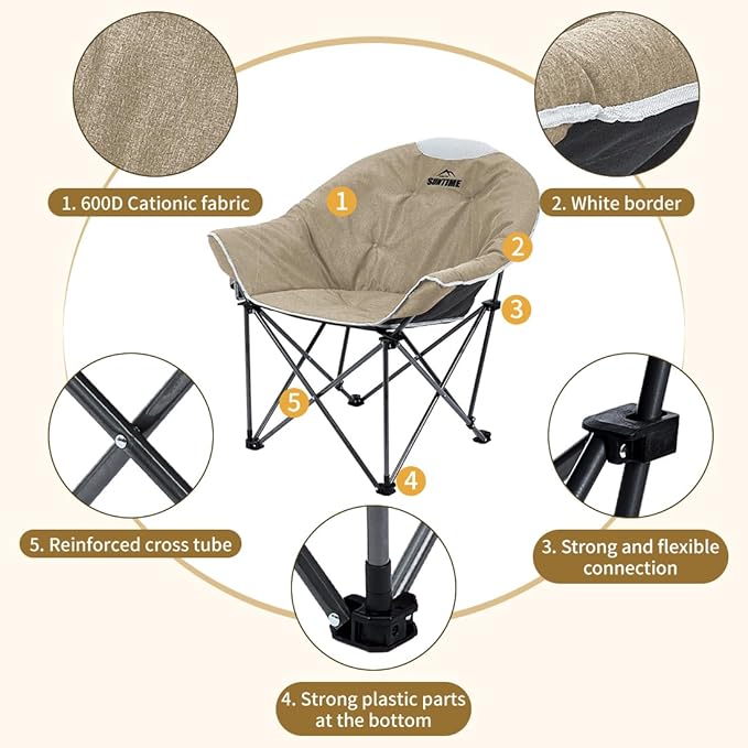OUTDOOR LIVING SUNTIME Oversized Padded Camping Chair,Portable Comfy Outdoor Folding Moon Round Saucer Chairs for Adults with Holder and Carry Bag, Perfect for Hiking Lawn Patio Sports(Beige 2 Pack)