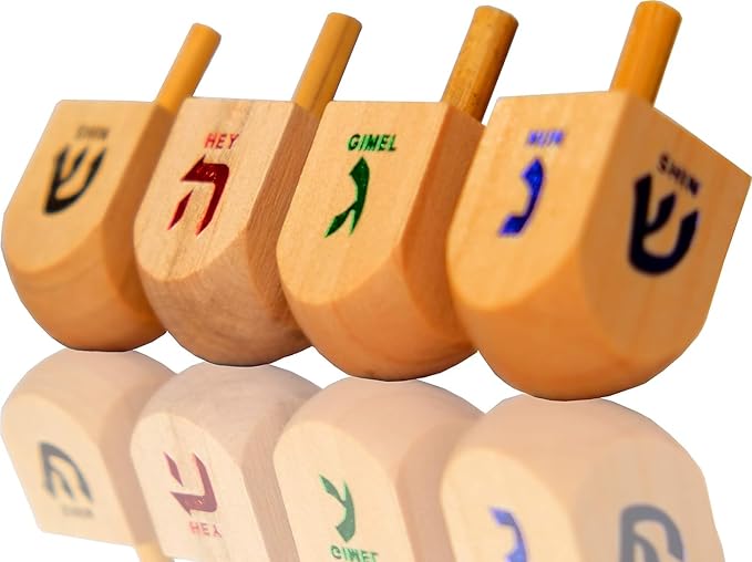 Natural Wood Dreidels Hanukkah Draydel with English Transliteration & Instruction Cards (50-Pack)