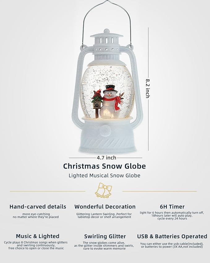 Christmas Snow Globes Snowman Musical Lighted with 6H Timer Winter Scene Cardinal Mailbox,Snowman Snow Globe Glittering for Christmas Decorations