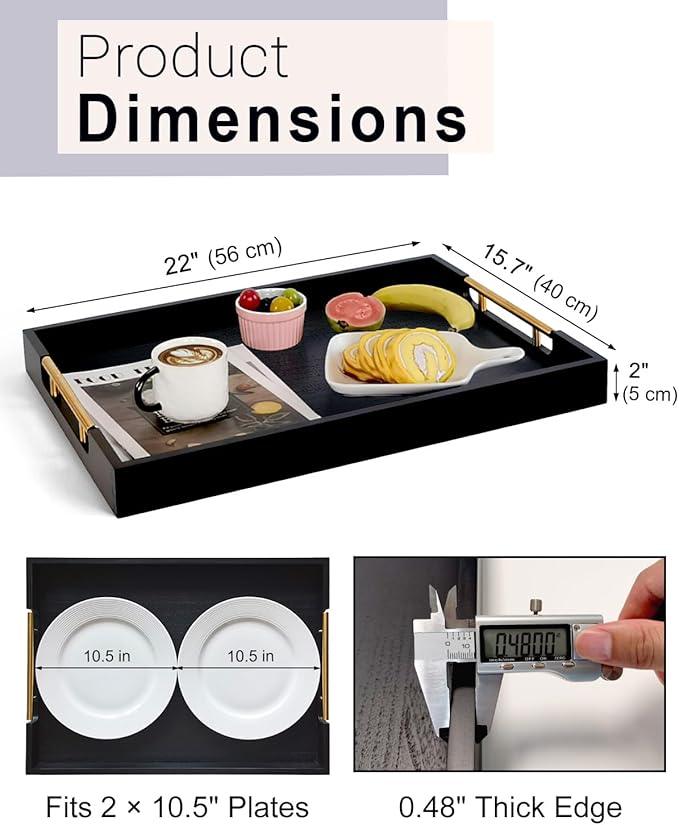 22 Inch Rectangle Black Ottoman Tray with Gold Metal Handles, Extra Large Wooden Serving Tray for Living Room, Coffee Table, Kitchen & Hosting