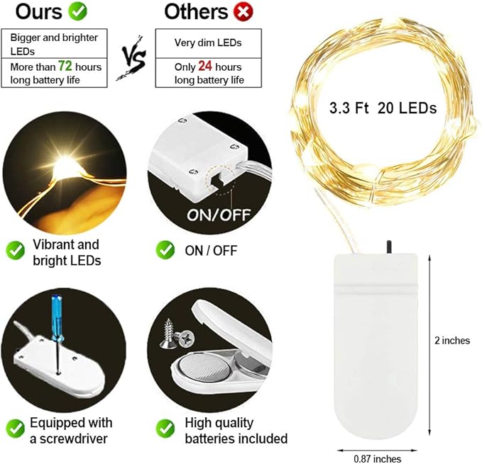 MUMUXI 20 Pack 3.3ft Fairy Lights Battery Operated String Lights, Mini LEDs Powered, Waterproof Indoor Silver Wire Firefly Mason Jars, Warm White for Home Decor, Parties, and Weddings