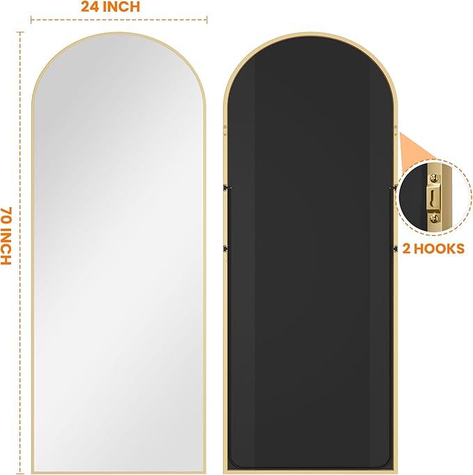Full Length Arched Mirror, 70"x24" Standing Floor Full Body Mirror for Wall with Aluminum Alloy Frame for Bedroom, Living Room, Dressing Room(Gold)