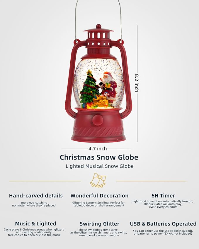 Snow Globe Christmas Decorations Indoor Santa Claus Musical Light-up Christmas Snow Globes with 6H Time Glittering Santa Claus Red Christmas Decorations Gift for Home
