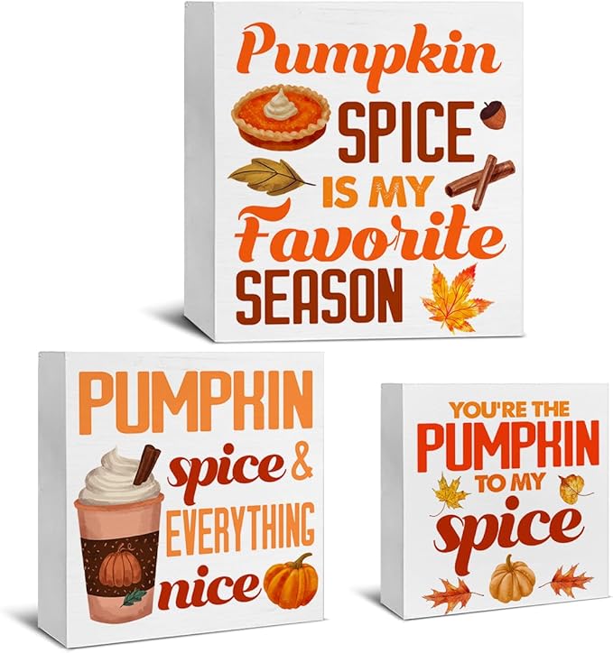 3 Pcs Fall Wood Signs Decor Pumpkin Spice Wood Block Signs Farmhouse Autumn Pumpkin Spice Wooden Box Signs Home Decorations for Kitchen Tiered Tray Desk Table Shelf