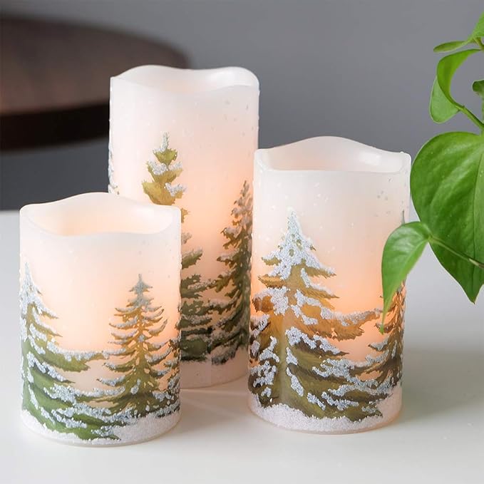 DRomance Christmas Flameless Candles with 6 Hour Timer, 3 Pack Real Wax LED Pillar Candles Warm Light Flickering Holiday Decor(Green Christmas Tree, 3 x 4,5,6 Inches)