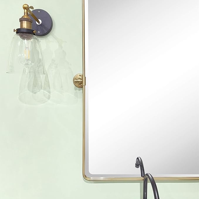 TEHOME Gold Pivot Rectangle Bathroom Vanity Mirrror Farmhouse Tiltable Rounded Metal Framed Pivoting Bathroom Mirror with Beveled Mirrror, Overall 26.91 x 35 inches (Mirrror 23 x 35 inches)
