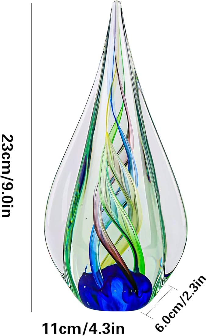 9" Tall Sculpture Hand Blown Glass Decor, Paperweight for Office Desk, Modern Glass Art Figurines Mediterranean Beach House Decor, Living Room Coffee Shelves Table Top Decoration (Aqua)