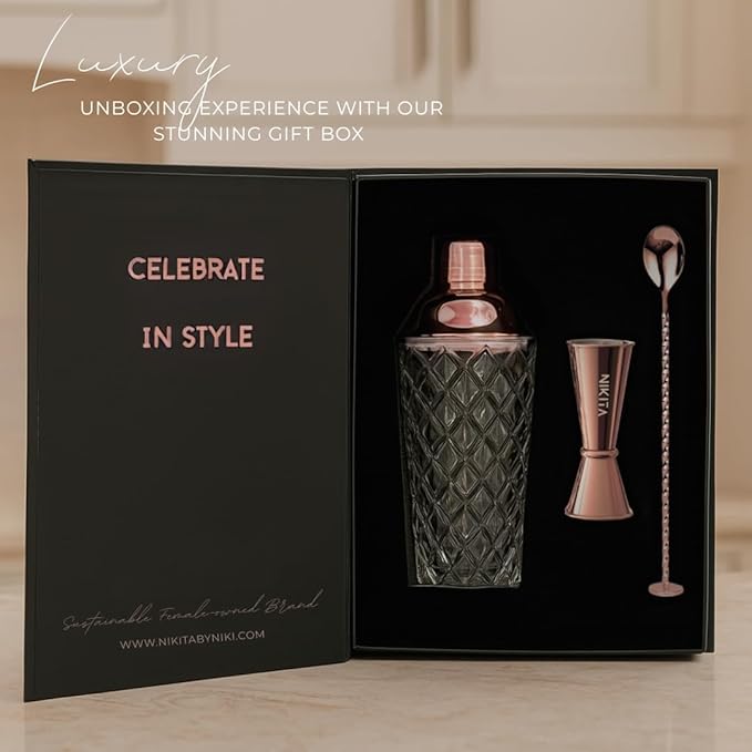 Rose Gold Cocktail Shaker Glass Set - 5 Piece Martini Shaker Set with Strainer, Jigger, Spoon & Muddler - 16oz Crystal Shaker - Ideal Gift for Home Bar & Drink Trolley Décor