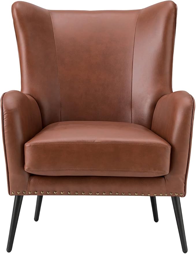 HULALA Home Faux Leather Accent Chair w/Removable Cushion, Comfy Upholstered Armchair with Black Metal Legs & Nailhead Trim Wingback Vanity Chair Desk Chair for Reading Living Room Bedroom, Brown