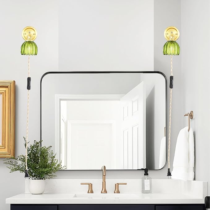 Plug in Vintage Wall Sconces Set of 2, 180 Degree Adjustable Brass Vanity Lights Fixture with Green Tulip Glass Lampshade, Modern Wall Lighting for Bedside Bedroom Bathroom
