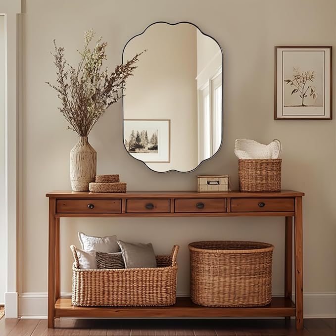 ANDY STAR Scalloped Bathroom Mirror, 24x36 Inch Polished Chrome Vanity Mirror in Stainless Steel Metal Frame, Unique Oval Mirror with Modern Curved Edge Design, Ideal for Bathroom, Bedroom, Entryway