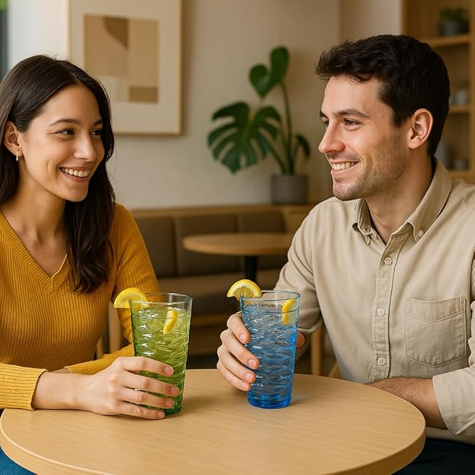 20-ounce Plastic Tumblers, Acrylic Drinking Glasses High-Balls, set of 6 Blue Reusable Plastic Cups, Stackable, BPA-Free, Shatter-Proof, Dishwasher-Safe