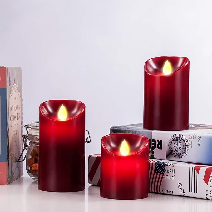 Flameless LED 4/5/6-Inch Drip-Less Wax Pillar Candles - Real Wax & Real Flickering Candle Motion - with Remote 24-Hour Timer Function,Burgundy Color,Sets of 3