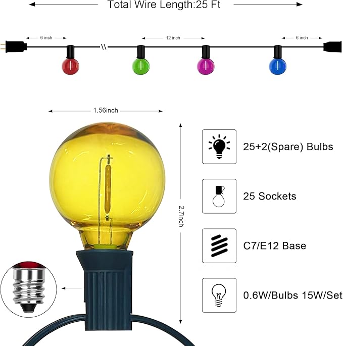 G40 LED Outdoor String Lights,25Ft Globe Multicolor Christmas Decorations String Lights with 27 Shatterproof LED Bulbs, Hanging Outdoor Patio Lights for Outside Backyard Porch Balcony Party- Black