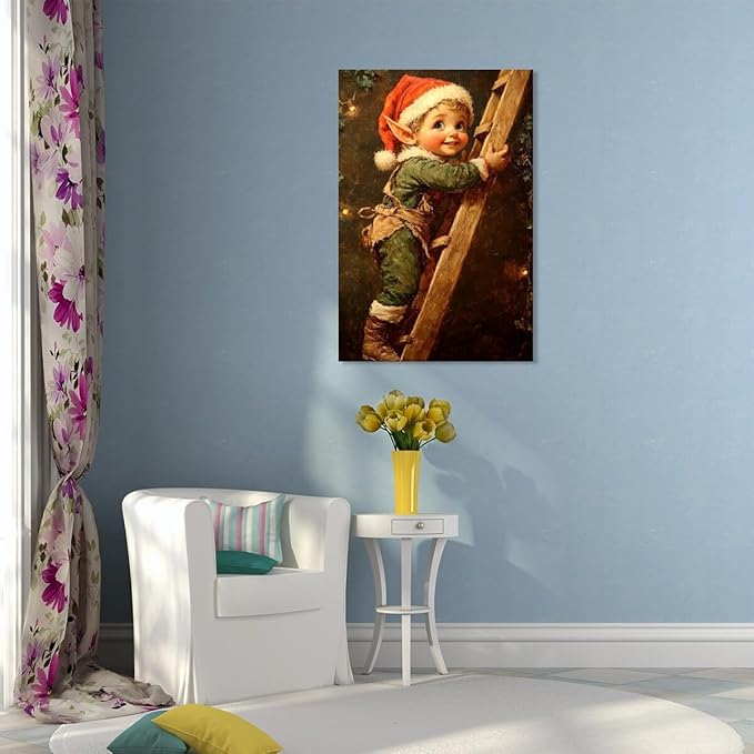Medpol Vintage christmas wall art christmas elf painting winter cottagecore canvas poster for farmhouse home decor apartment dormitory Framed20x30inch