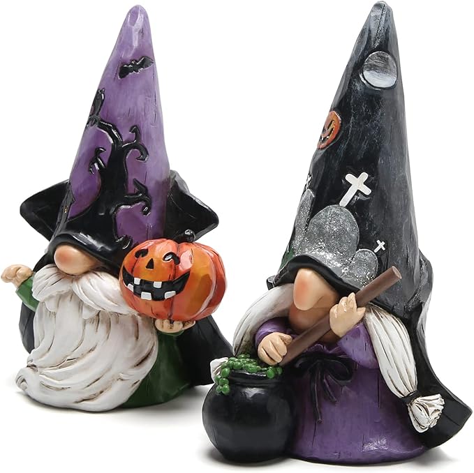 Hodao 2pcs Halloween Gnomes Decorations Handmade Scandinavian Gnome Ornaments Halloween Witch Firgurines Decor Pumpkin Home Table Decorations Gifts (Black)
