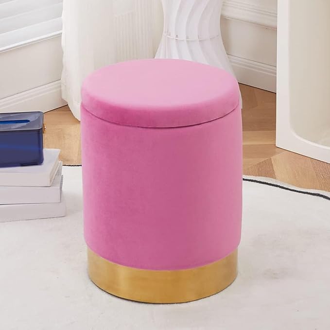 Mxfurhawa Velvet Storage Ottoman Multipurpose Footrest Stool with Metal Base Modern Round Vanity Stool Chair Ottoman Foot Stools Support 300 lbs Padded Seat for Living Room (Rose Pink)