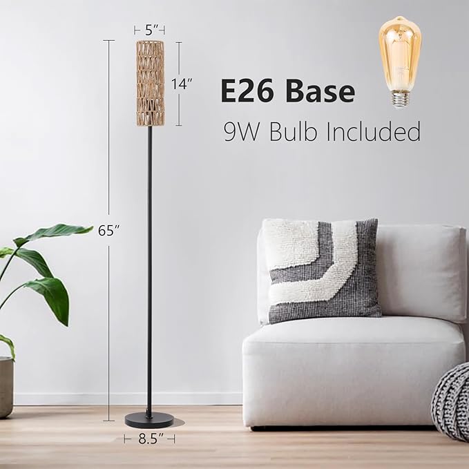 Floor Lamp for Living Room,Farmhouse Rattan Floor lamp,Modern Standing lamp with Hand-Worked Rattan Shade,Black Tall Lamp with Foot Switch,LED Bulb Included Black