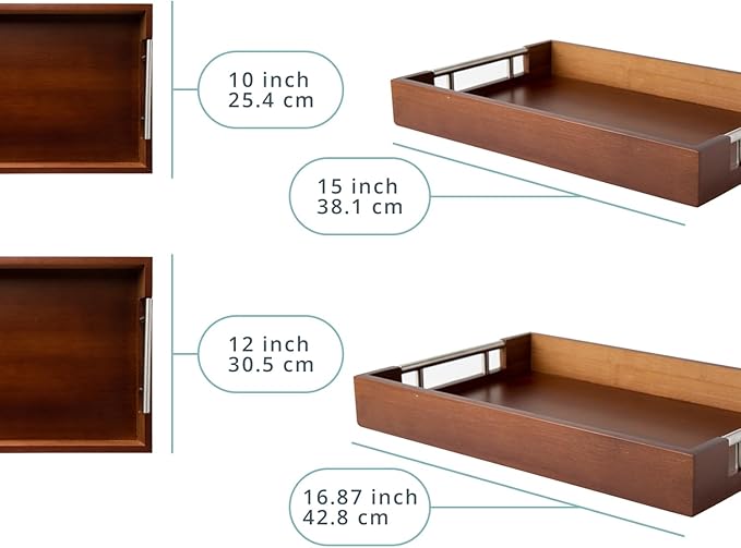 Set of 2 Decorative Serving Trays - Bamboo + Silver Stainless Steel Handles - Coffee Table or Ottoman Tray for Breakfast in Bed Jewelry, Decor Organization - 12"x17" - Stained Brown Finish