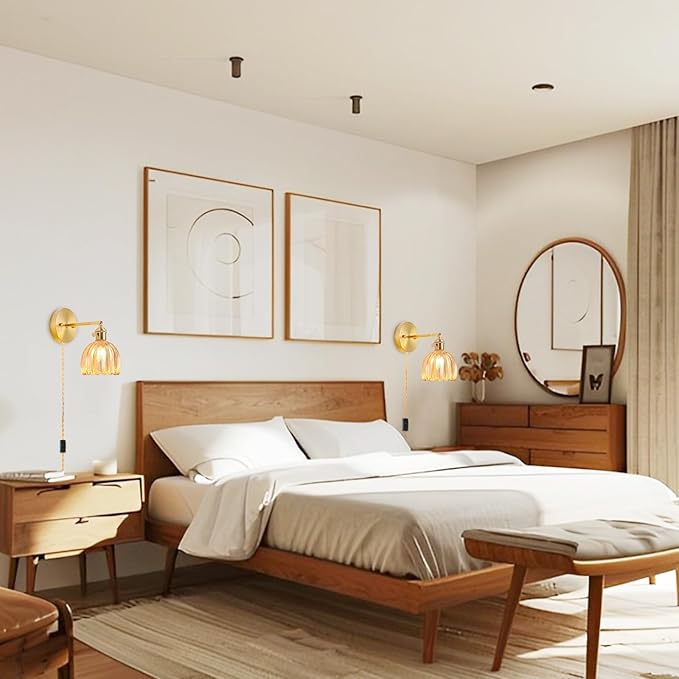 Plug in Wall Sconce, Vintage Sconce Light with Tulip Amber Glass Lampshade, 180° Adjustable Wall Sconce with Switch and Plug in Wall Lamp Cord, Gold Wall Light for Bedroom Bedside