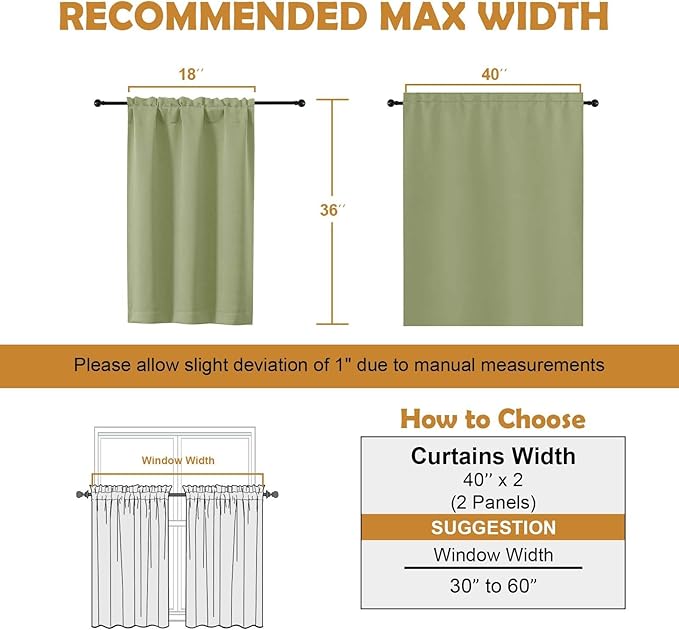 Aiyufeng Sage Green Short 36 Inches Blackout Curtain 2 Panels Set, Half Window Rod Pocket Privacy Curtain Tiers for Kitchen, Curtains Blackout for Bathroom Shades, W40 x L36 Inch, Sage Green